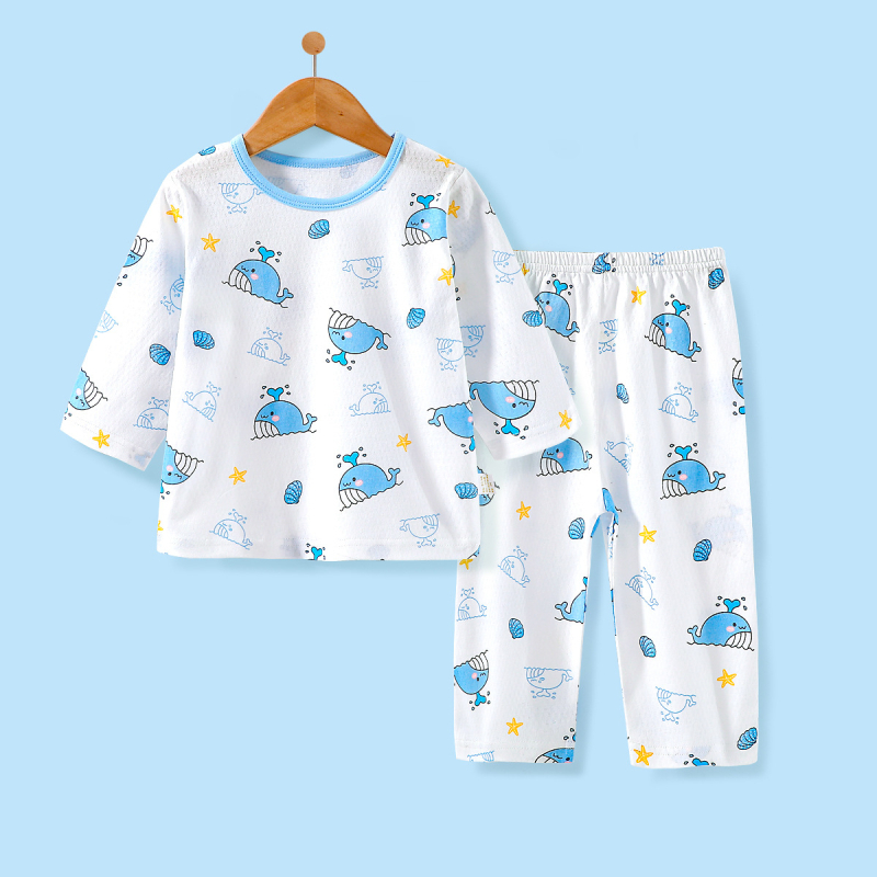 Set de pijamale pentru copii din bumbac, respirabil, cu plasă, mâneci lungi și pantaloni lungi, unisex
