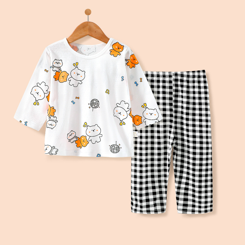 Set de pijamale pentru copii din bumbac, respirabil, cu plasă, mâneci lungi și pantaloni lungi, unisex