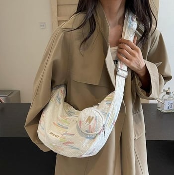 Geantă de umăr din pânză pentru femei, formă dumpling, capacitate mare, primăvara 2025, stil urban minimalist