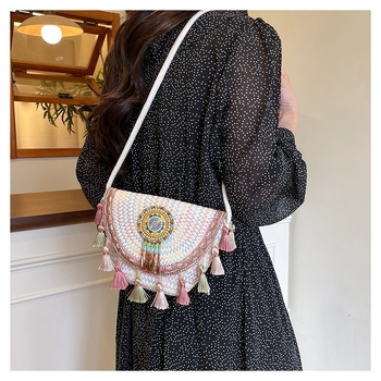 Geantă din paie în stil boem, împletită, cu ciucuri, mică, pentru umăr sau crossbody, vară 2025