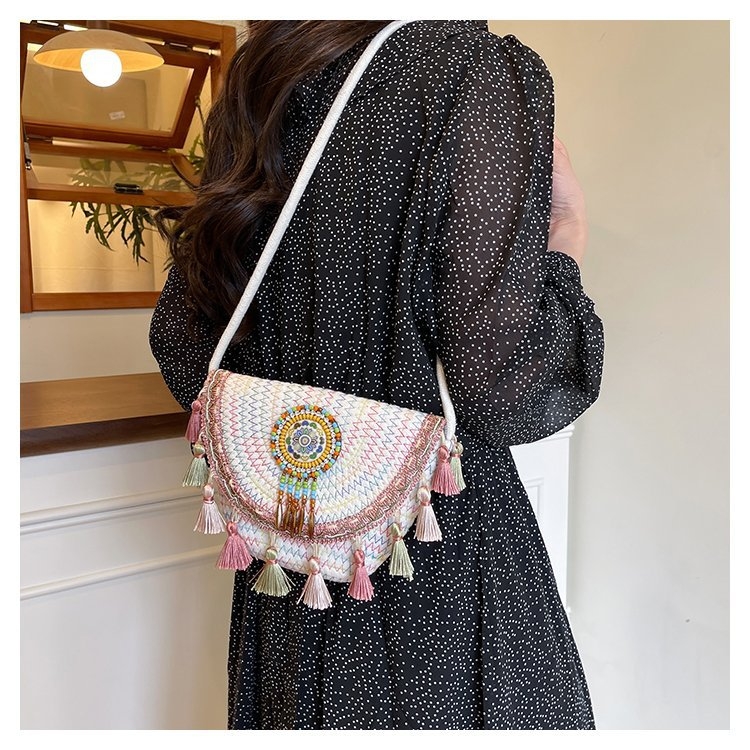 Geantă din paie în stil boem, împletită, cu ciucuri, mică, pentru umăr sau crossbody, vară 2025