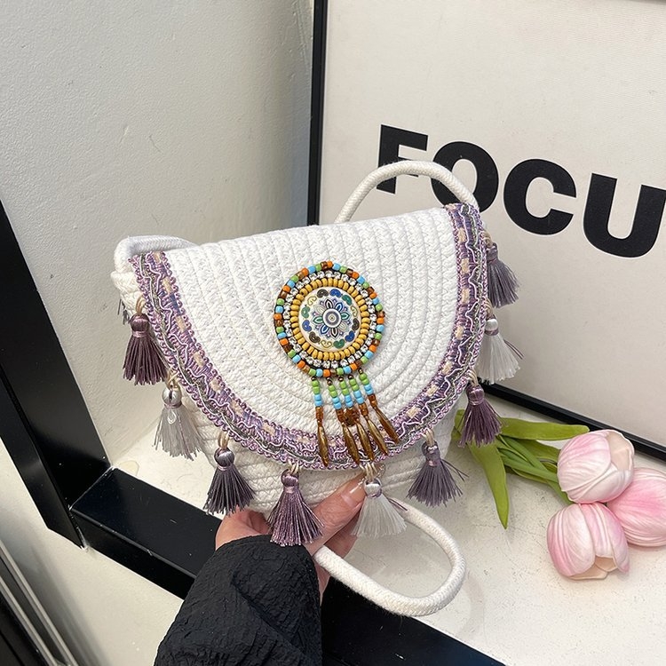 Geantă din paie în stil boem, împletită, cu ciucuri, mică, pentru umăr sau crossbody, vară 2025