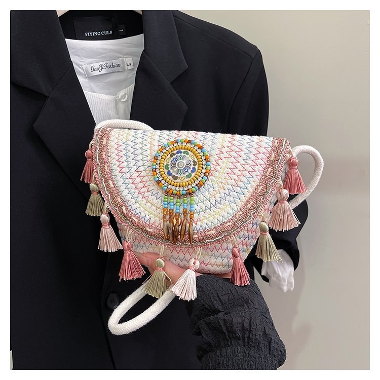 Geantă din paie în stil boem, împletită, cu ciucuri, mică, pentru umăr sau crossbody, vară 2025