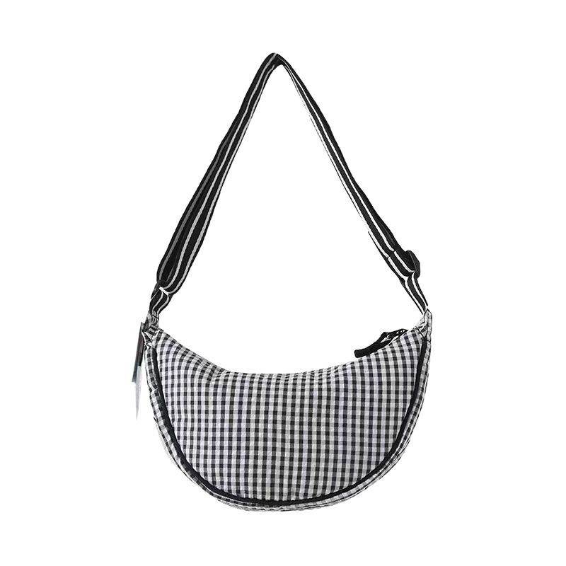 Geantă de damă în stil japonez retro, imprimeu pătrat și formă de dumpling, geantă de umăr/crossbody pentru uz zilnic