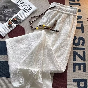 Pantaloni Ice Silk cu plisare pentru bărbați, vară, croială dreaptă, ușori, casual, talie medie, închidere cu cordon în față