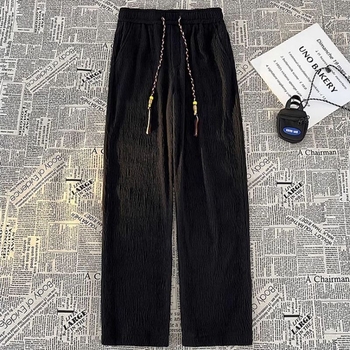 Pantaloni Ice Silk cu plisare pentru bărbați, vară, croială dreaptă, ușori, casual, talie medie, închidere cu cordon în față