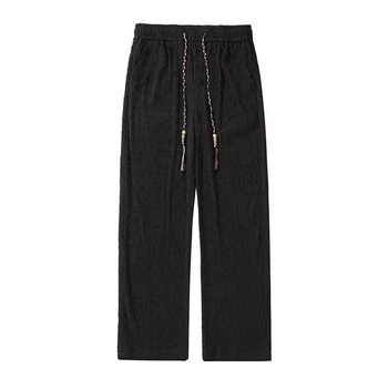 Pantaloni Ice Silk cu plisare pentru bărbați, vară, croială dreaptă, ușori, casual, talie medie, închidere cu cordon în față
