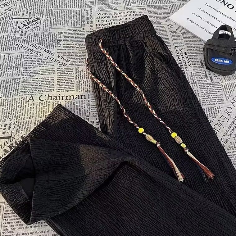 Pantaloni Ice Silk cu plisare pentru bărbați, vară, croială dreaptă, ușori, casual, talie medie, închidere cu cordon în față