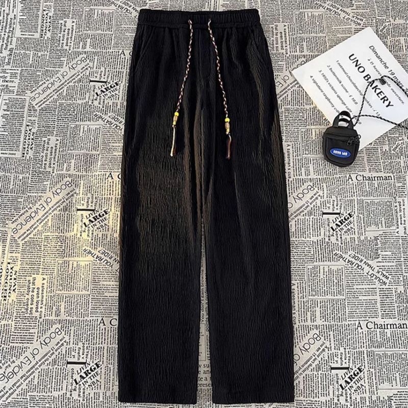 Pantaloni Ice Silk cu plisare pentru bărbați, vară, croială dreaptă, ușori, casual, talie medie, închidere cu cordon în față