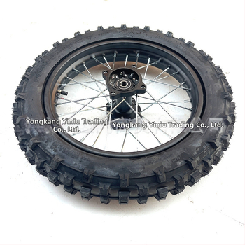 Sada kolies pre terénny motocykel s pneumatikou 90/100-14, vysokozubý železný ráfik, čierny bubnový náboj, 12/15 mm