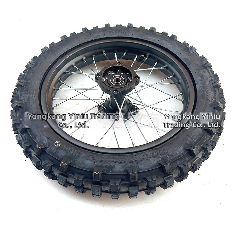 Sada kolies pre terénny motocykel s pneumatikou 90/100-14, vysokozubý železný ráfik, čierny bubnový náboj, 12/15 mm