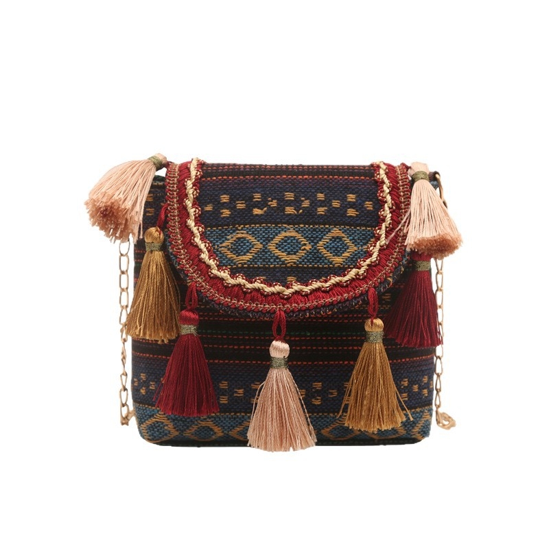 Geantă de damă în stil etnic retro, din pânză, cu ciucuri, curea de umăr, capacitate mare