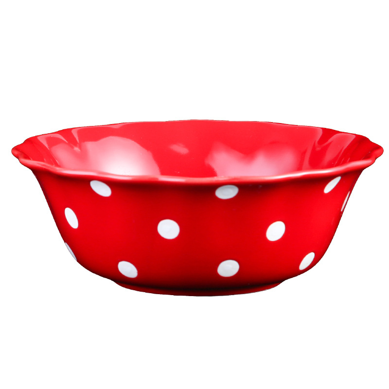 Vas mare din porțelan pentru uz casnic; bol gros de ceramică pentru fructe și salată; vesela cu buline; bol pentru tăiței instant și supă.
