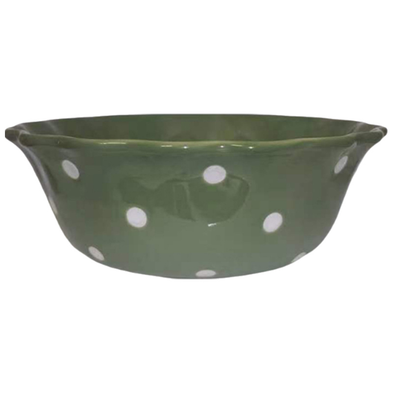 Vas mare din porțelan pentru uz casnic; bol gros de ceramică pentru fructe și salată; vesela cu buline; bol pentru tăiței instant și supă.