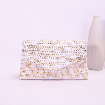 Geantă clutch cu elemente din scoică și ciucuri, poșetă de seară elegantă cu lanț