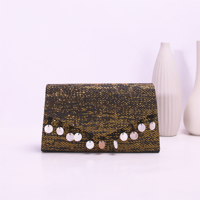 Geantă clutch cu elemente din scoică și ciucuri, poșetă de seară elegantă cu lanț