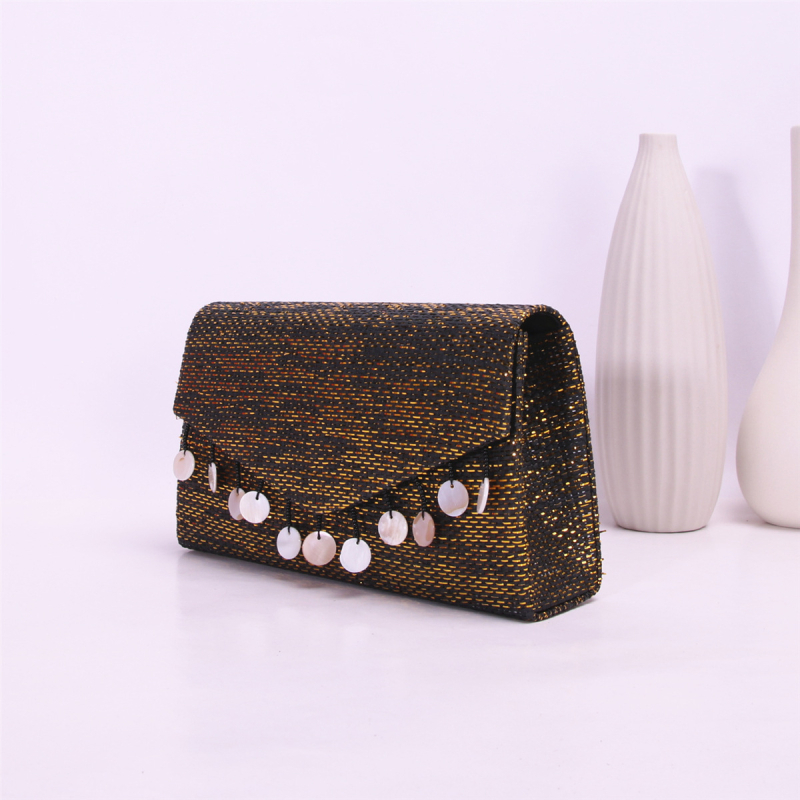 Geantă clutch cu elemente din scoică și ciucuri, poșetă de seară elegantă cu lanț