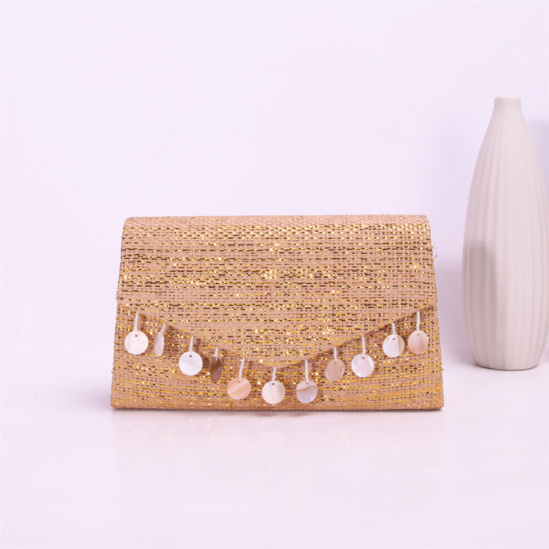 Geantă clutch cu elemente din scoică și ciucuri, poșetă de seară elegantă cu lanț