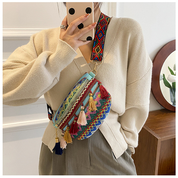 Geantă cu franjuri în stil etnic Yunnan, curea lată, crossbody, primăvara 2025, stil artistic național, utilizare zilnică