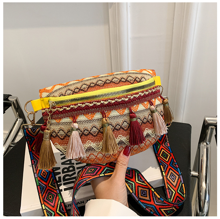 Geantă cu franjuri în stil etnic Yunnan, curea lată, crossbody, primăvara 2025, stil artistic național, utilizare zilnică