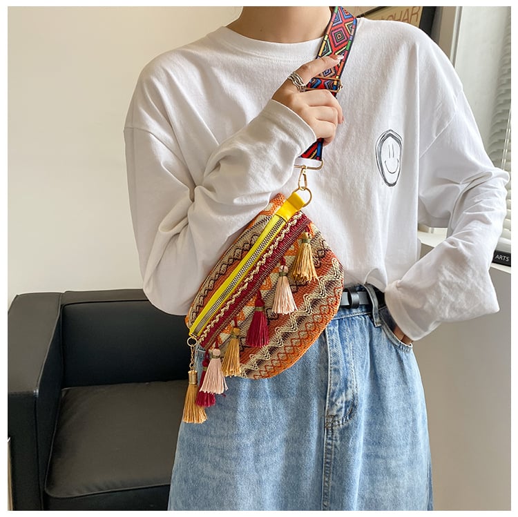 Geantă cu franjuri în stil etnic Yunnan, curea lată, crossbody, primăvara 2025, stil artistic național, utilizare zilnică