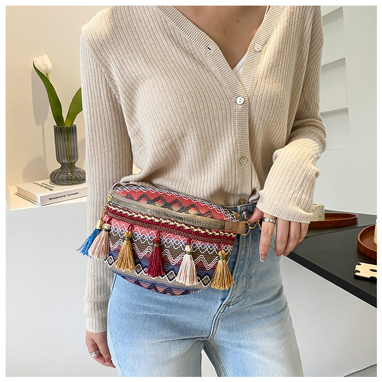 Geantă cu franjuri în stil etnic Yunnan, curea lată, crossbody, primăvara 2025, stil artistic național, utilizare zilnică