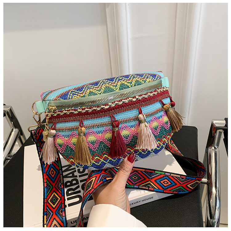 Geantă cu franjuri în stil etnic Yunnan, curea lată, crossbody, primăvara 2025, stil artistic național, utilizare zilnică