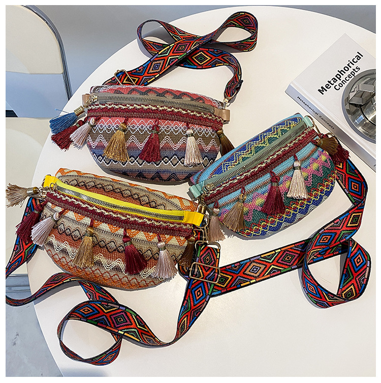 Geantă cu franjuri în stil etnic Yunnan, curea lată, crossbody, primăvara 2025, stil artistic național, utilizare zilnică