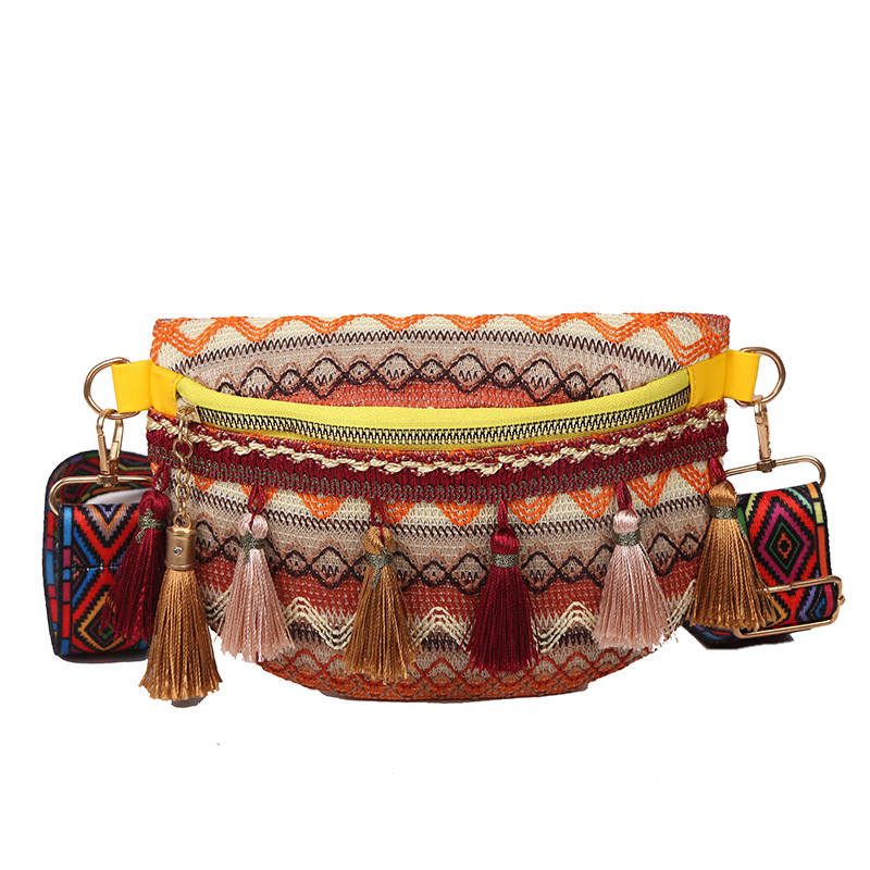 Geantă cu franjuri în stil etnic Yunnan, curea lată, crossbody, primăvara 2025, stil artistic național, utilizare zilnică