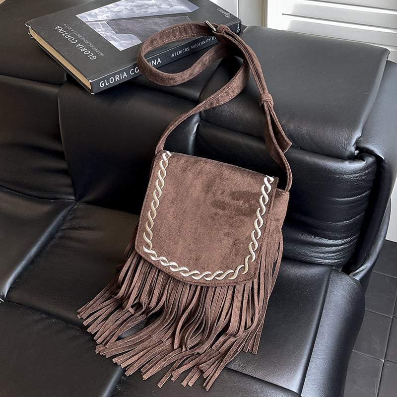 Geantă crossbody retro cu ciucuri, finisaj mat, capacitate mare, pentru femei