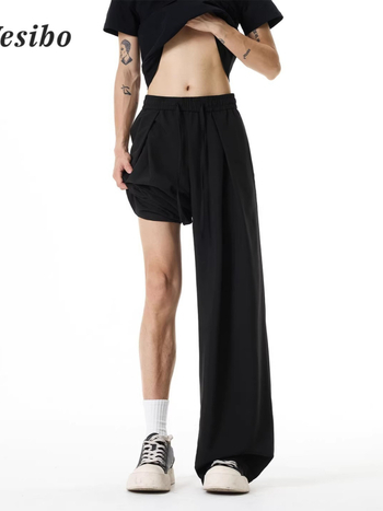 Pantaloni casual subțiri, uni, de vară, cu pliuri și șiret în talie, croială dreaptă spre largă, lungi