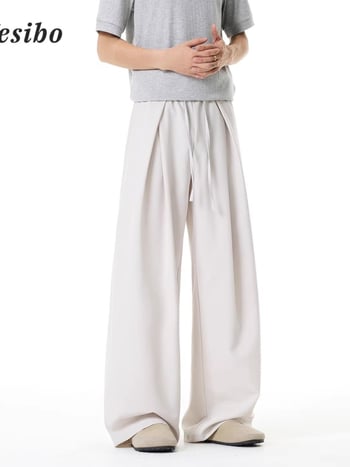 Pantaloni casual subțiri, uni, de vară, cu pliuri și șiret în talie, croială dreaptă spre largă, lungi