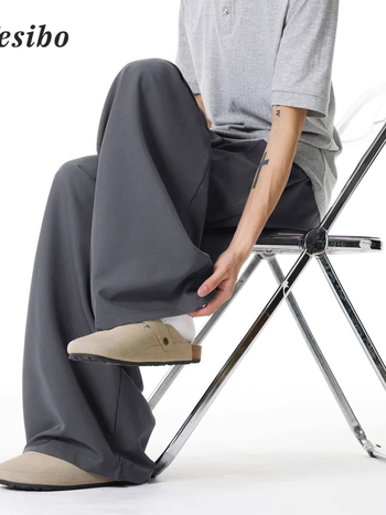 Pantaloni casual subțiri, uni, de vară, cu pliuri și șiret în talie, croială dreaptă spre largă, lungi