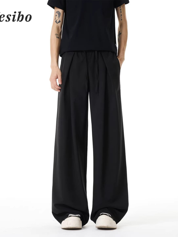 Pantaloni casual subțiri, uni, de vară, cu pliuri și șiret în talie, croială dreaptă spre largă, lungi