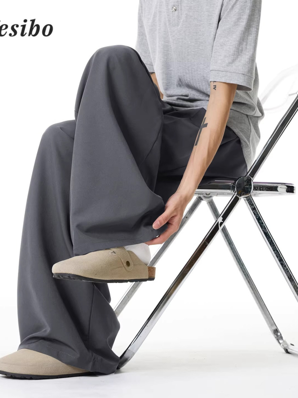 Pantaloni casual subțiri, uni, de vară, cu pliuri și șiret în talie, croială dreaptă spre largă, lungi