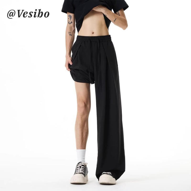 Pantaloni casual subțiri, uni, de vară, cu pliuri și șiret în talie, croială dreaptă spre largă, lungi