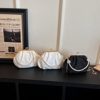 Geantă pentru femei cu formă de scoică, curea din lanț, clutch de seară cu perle