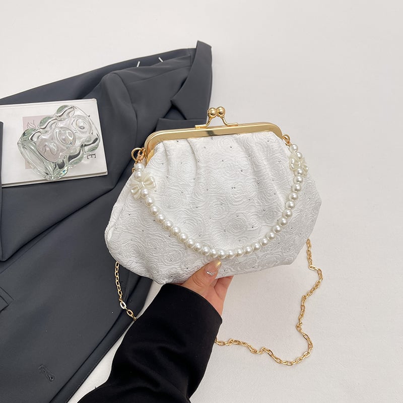 Geantă pentru femei cu formă de scoică, curea din lanț, clutch de seară cu perle