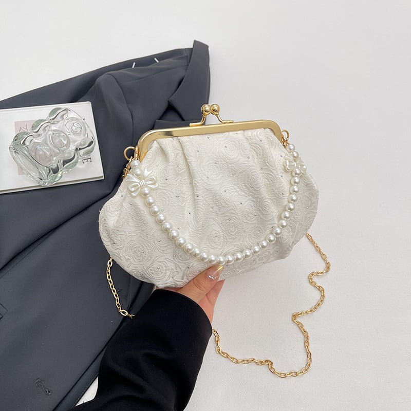 Geantă pentru femei cu formă de scoică, curea din lanț, clutch de seară cu perle