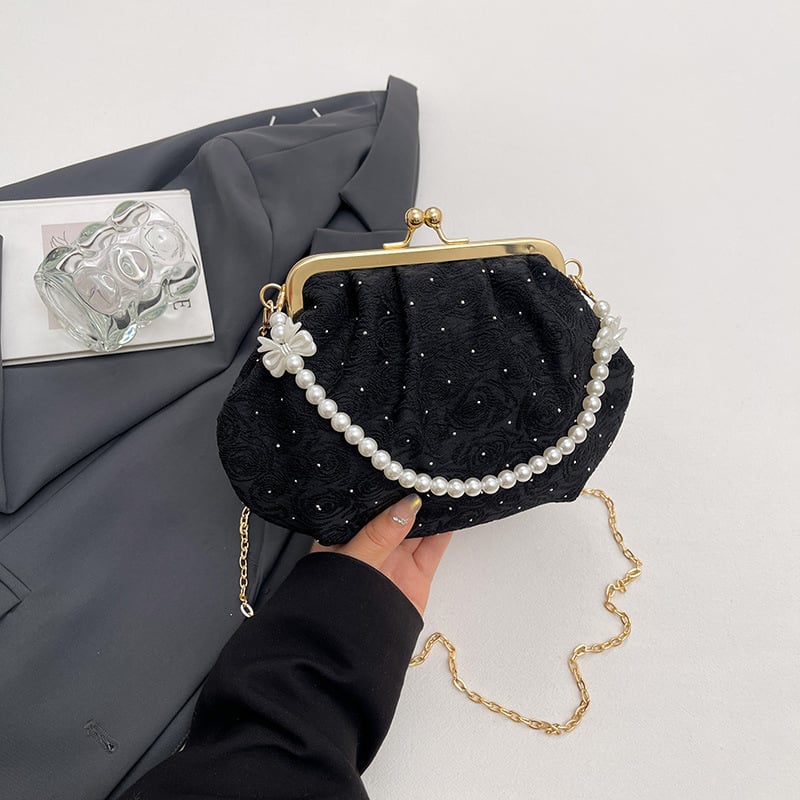 Geantă pentru femei cu formă de scoică, curea din lanț, clutch de seară cu perle
