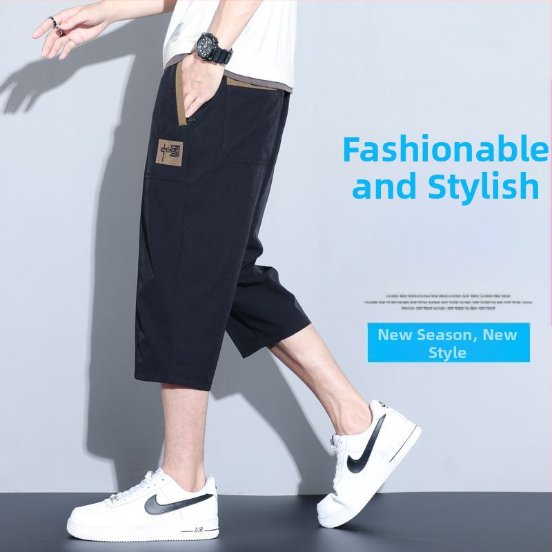 Șorturi casual de vară din ice-silk, uscare rapidă, broderie cu design în stil chinezesc, croială lejeră și respirabilă, lungime 3/4 pentru bărbați