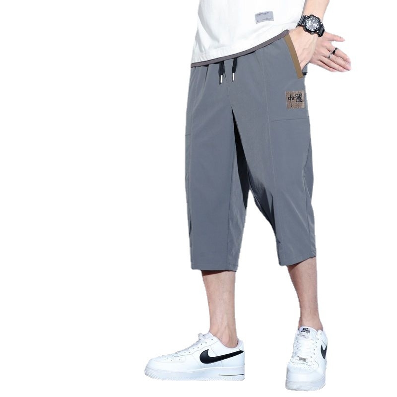 Șorturi casual de vară din ice-silk, uscare rapidă, broderie cu design în stil chinezesc, croială lejeră și respirabilă, lungime 3/4 pentru bărbați