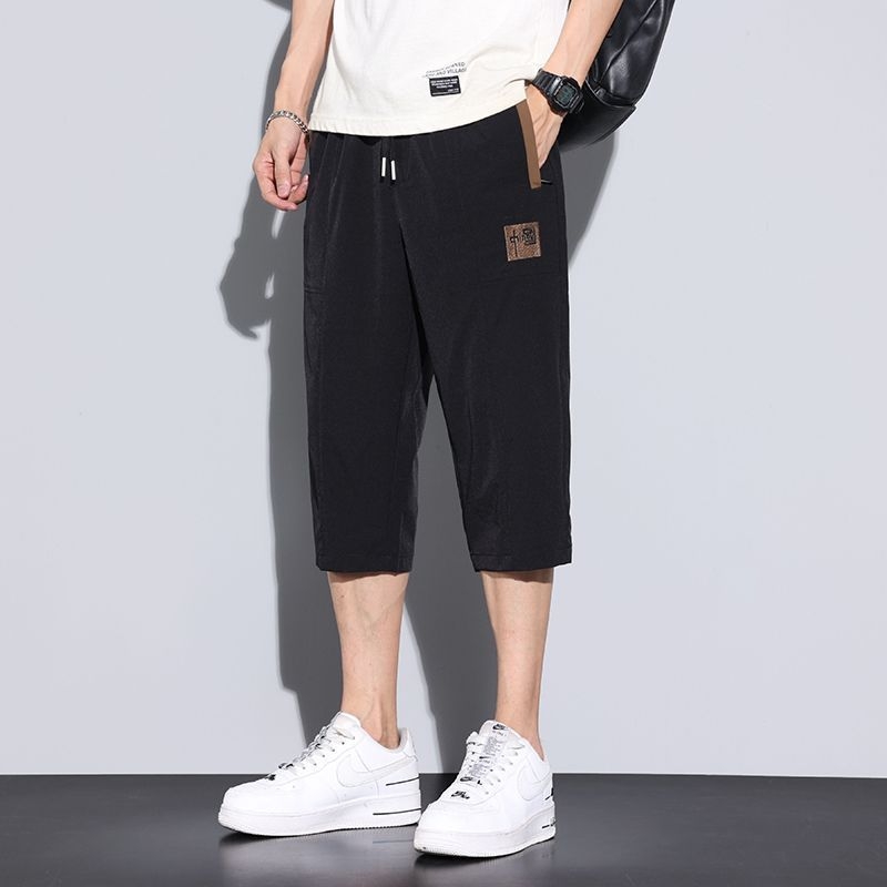 Șorturi casual de vară din ice-silk, uscare rapidă, broderie cu design în stil chinezesc, croială lejeră și respirabilă, lungime 3/4 pentru bărbați