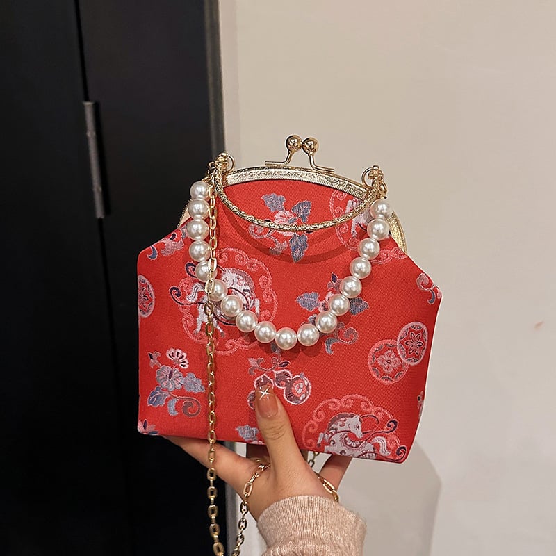 Geantă de umăr pentru femei, broderie în stil chinezesc, formă de scoică, model nou 2025, cu perle, elegantă și de înaltă calitate