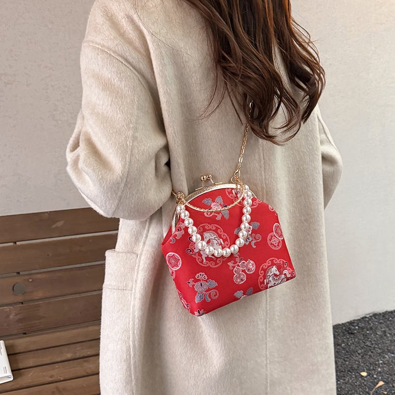 Geantă de umăr pentru femei, broderie în stil chinezesc, formă de scoică, model nou 2025, cu perle, elegantă și de înaltă calitate