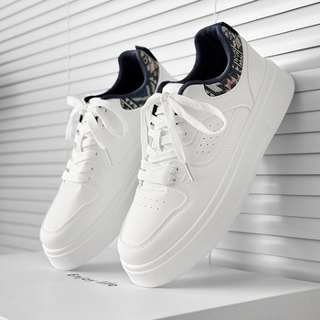 Pantofi sport unisex albi, talpă groasă și creștere a înălțimii, partea superioară din piele, stil retro casual