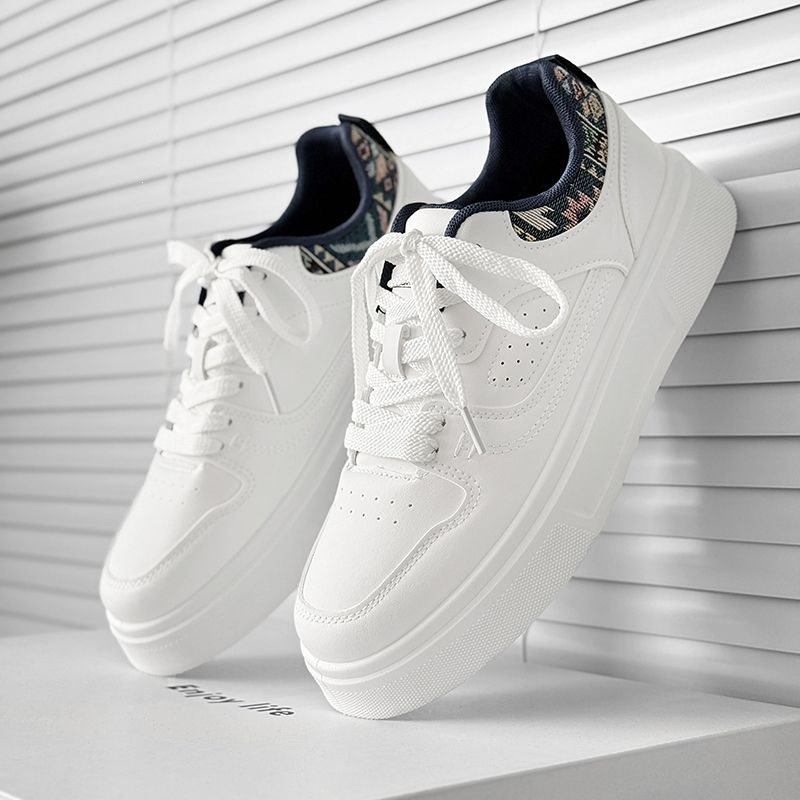 Pantofi sport unisex albi, talpă groasă și creștere a înălțimii, partea superioară din piele, stil retro casual