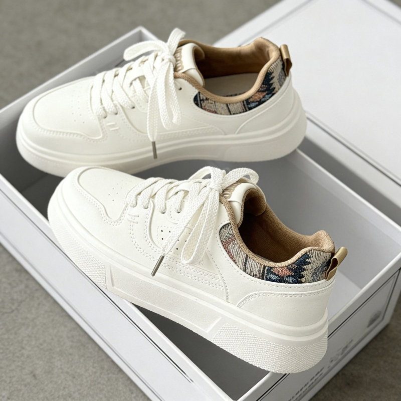 Pantofi sport unisex albi, talpă groasă și creștere a înălțimii, partea superioară din piele, stil retro casual