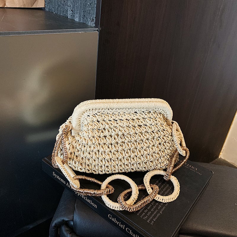 Geantă din paie țesută, închidere în formă de scoică, vara 2026, stil casual, design creativ, geantă de umăr pentru femei