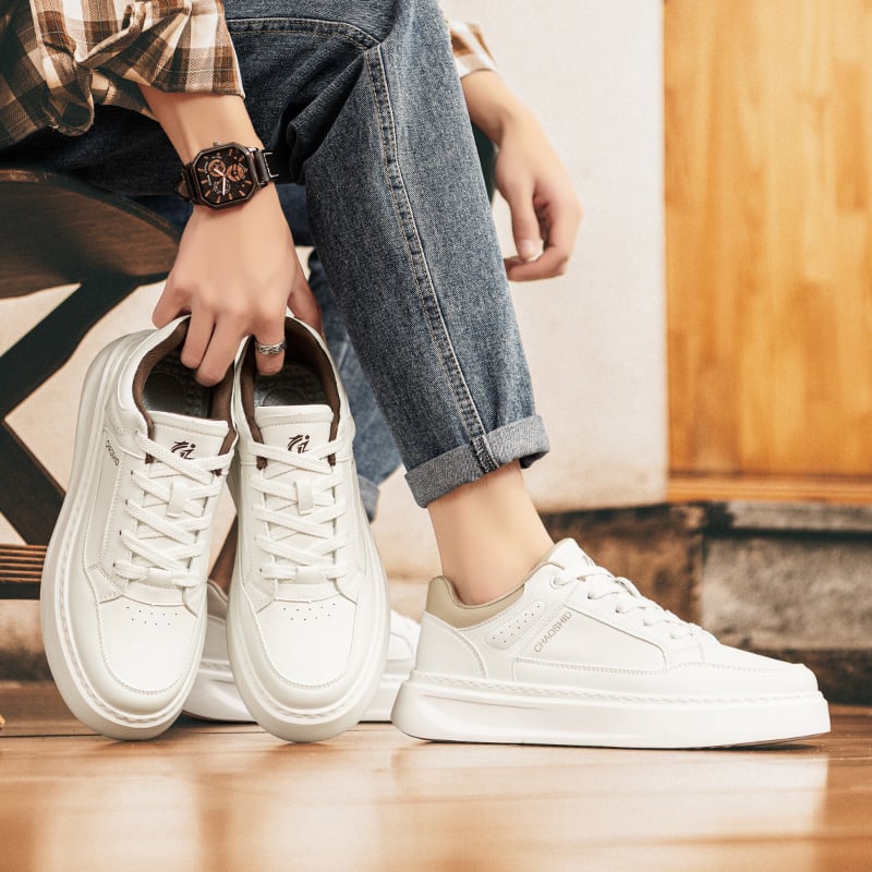 Pantofi sport pentru bărbați, colecția primăvară 2025, sneakers din piele uni cu talpă groasă, casual sport.